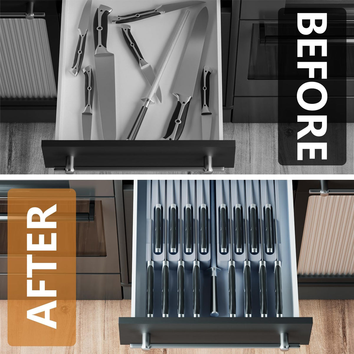 Bamboo In-drawer Knife Block - Kitchen Knife Drawer Organizer Insert, Knife Holder without Knives Large, Drawer Knife Organizer Fits for 16 knives and 1 Sharpening Steel (Not Included), Black