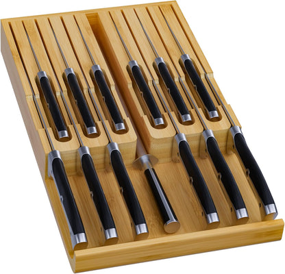 Bamboo In-drawer Knife Block - Kitchen Knife Drawer Organizer Insert, Knife Holder without Knives Large, Drawer Knife Organizer Fits for 16 knives and 1 Sharpening Steel (Not Included), Black
