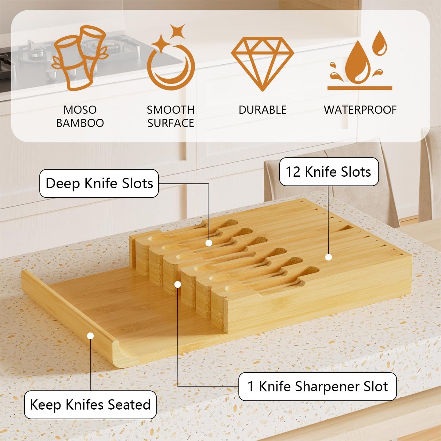 Bamboo In-drawer Knife Block - Kitchen Knife Drawer Organizer Insert, Knife Holder without Knives Large, Drawer Knife Organizer Fits for 16 knives and 1 Sharpening Steel (Not Included), Black