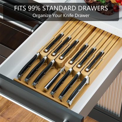 Bamboo In-drawer Knife Block - Kitchen Knife Drawer Organizer Insert, Knife Holder without Knives Large, Drawer Knife Organizer Fits for 16 knives and 1 Sharpening Steel (Not Included), Black