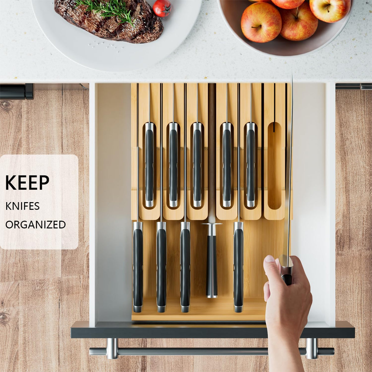 Bamboo In-drawer Knife Block - Kitchen Knife Drawer Organizer Insert, Knife Holder without Knives Large, Drawer Knife Organizer Fits for 16 knives and 1 Sharpening Steel (Not Included), Black