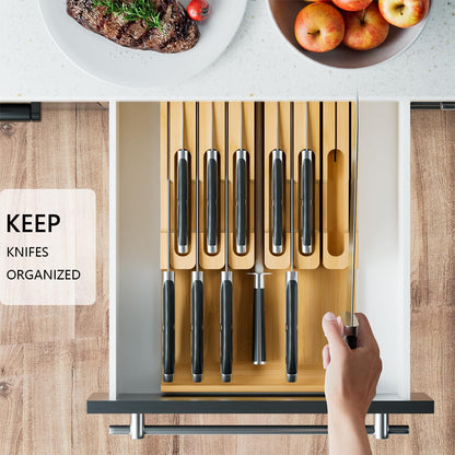 Bamboo In-drawer Knife Block - Kitchen Knife Drawer Organizer Insert, Knife Holder without Knives Large, Drawer Knife Organizer Fits for 16 knives and 1 Sharpening Steel (Not Included), Black