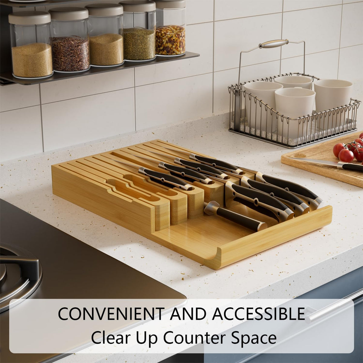 Bamboo In-drawer Knife Block - Kitchen Knife Drawer Organizer Insert, Knife Holder without Knives Large, Drawer Knife Organizer Fits for 16 knives and 1 Sharpening Steel (Not Included), Black