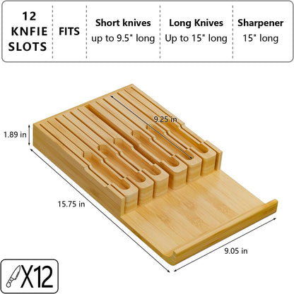 Bamboo In-drawer Knife Block - Kitchen Knife Drawer Organizer Insert, Knife Holder without Knives Large, Drawer Knife Organizer Fits for 16 knives and 1 Sharpening Steel (Not Included), Black