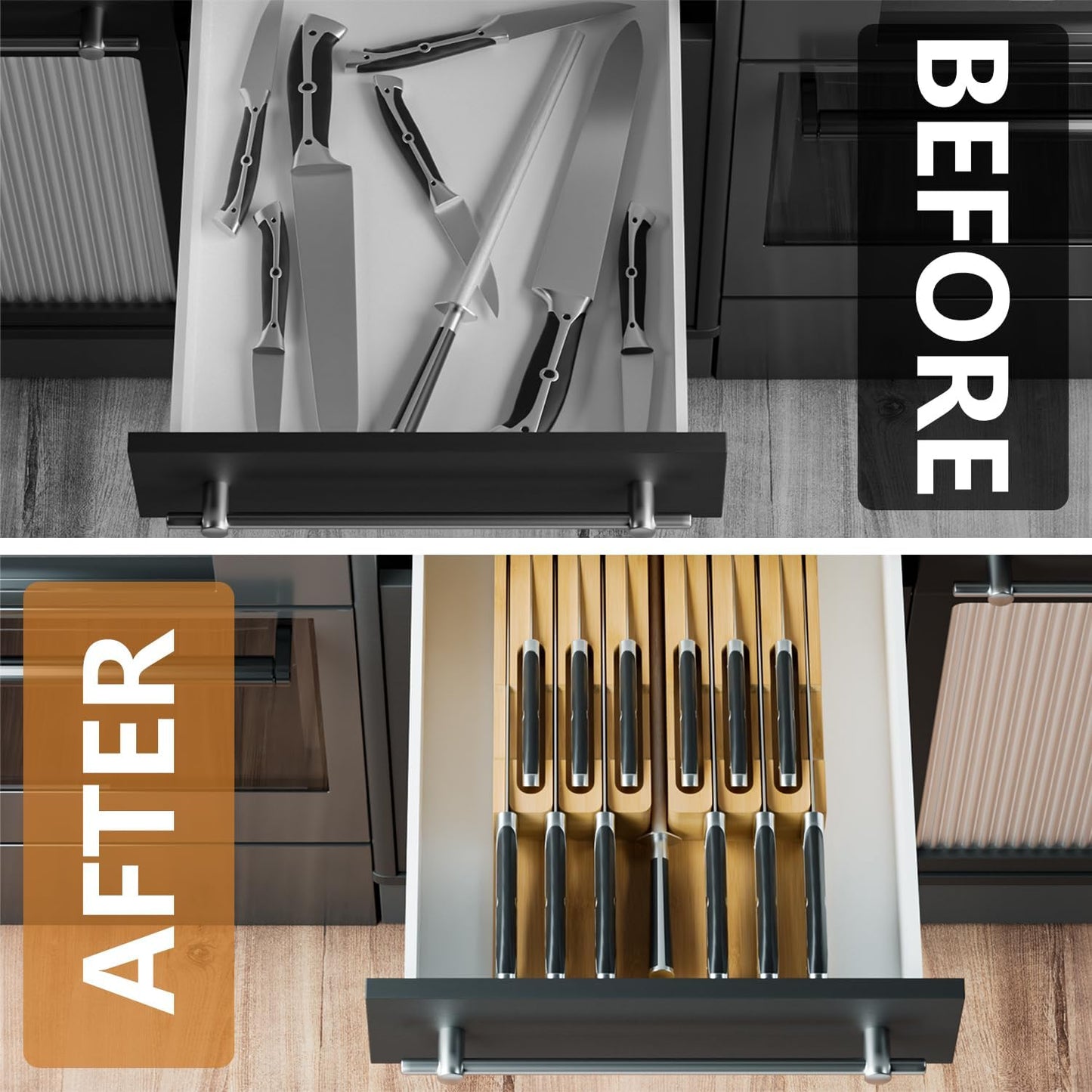 Bamboo In-drawer Knife Block - Kitchen Knife Drawer Organizer Insert, Knife Holder without Knives Large, Drawer Knife Organizer Fits for 16 knives and 1 Sharpening Steel (Not Included), Black