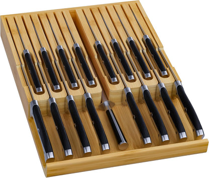 Bamboo In-drawer Knife Block - Kitchen Knife Drawer Organizer Insert, Knife Holder without Knives Large, Drawer Knife Organizer Fits for 16 knives and 1 Sharpening Steel (Not Included), Black