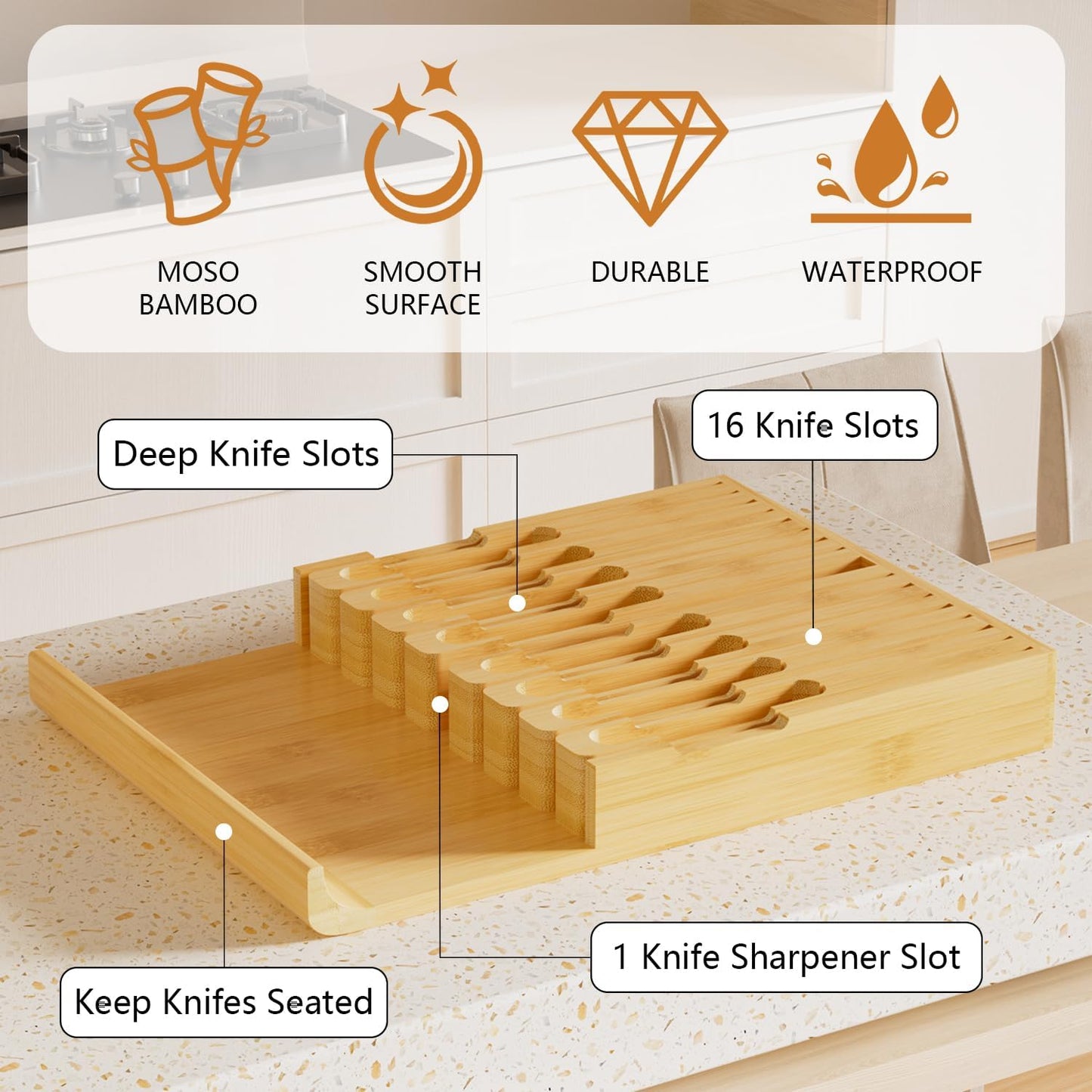 Bamboo In-drawer Knife Block - Kitchen Knife Drawer Organizer Insert, Knife Holder without Knives Large, Drawer Knife Organizer Fits for 16 knives and 1 Sharpening Steel (Not Included), Black