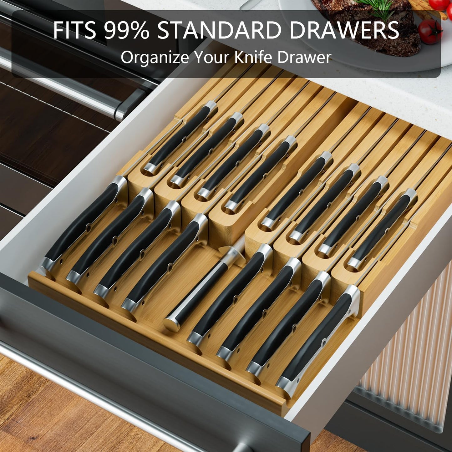 Bamboo In-drawer Knife Block - Kitchen Knife Drawer Organizer Insert, Knife Holder without Knives Large, Drawer Knife Organizer Fits for 16 knives and 1 Sharpening Steel (Not Included), Black