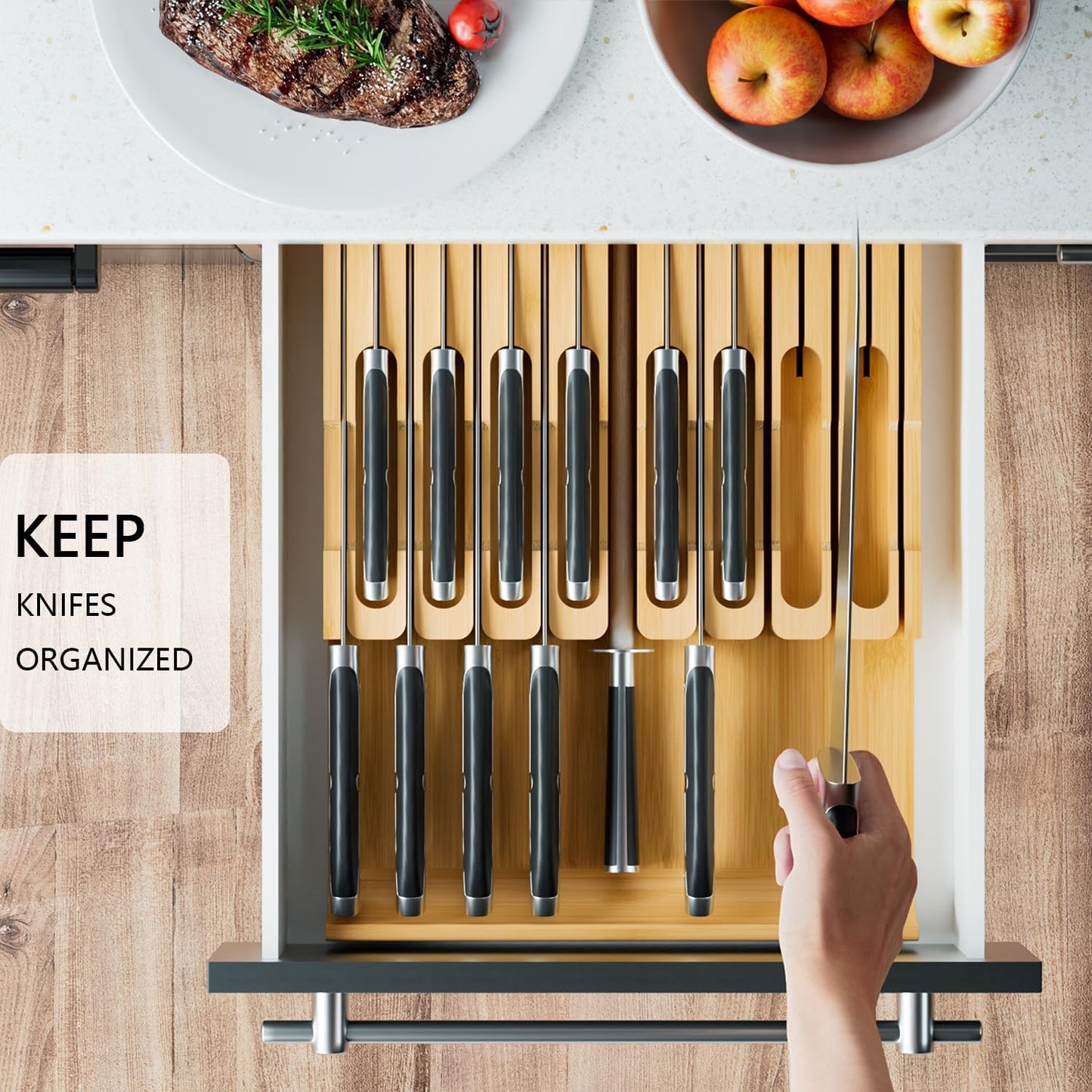 Bamboo In-drawer Knife Block - Kitchen Knife Drawer Organizer Insert, Knife Holder without Knives Large, Drawer Knife Organizer Fits for 16 knives and 1 Sharpening Steel (Not Included), Black