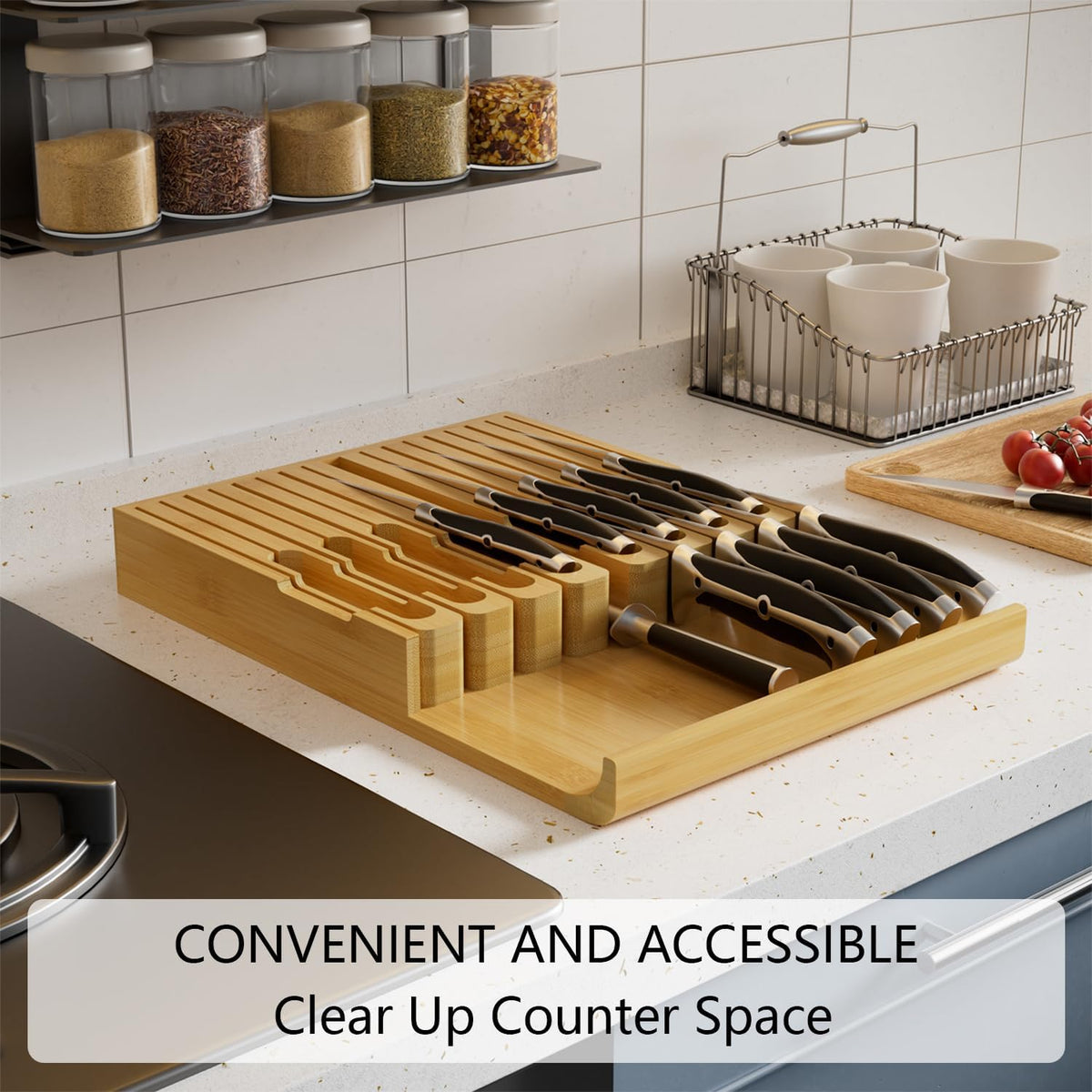 Bamboo In-drawer Knife Block - Kitchen Knife Drawer Organizer Insert, Knife Holder without Knives Large, Drawer Knife Organizer Fits for 16 knives and 1 Sharpening Steel (Not Included), Black