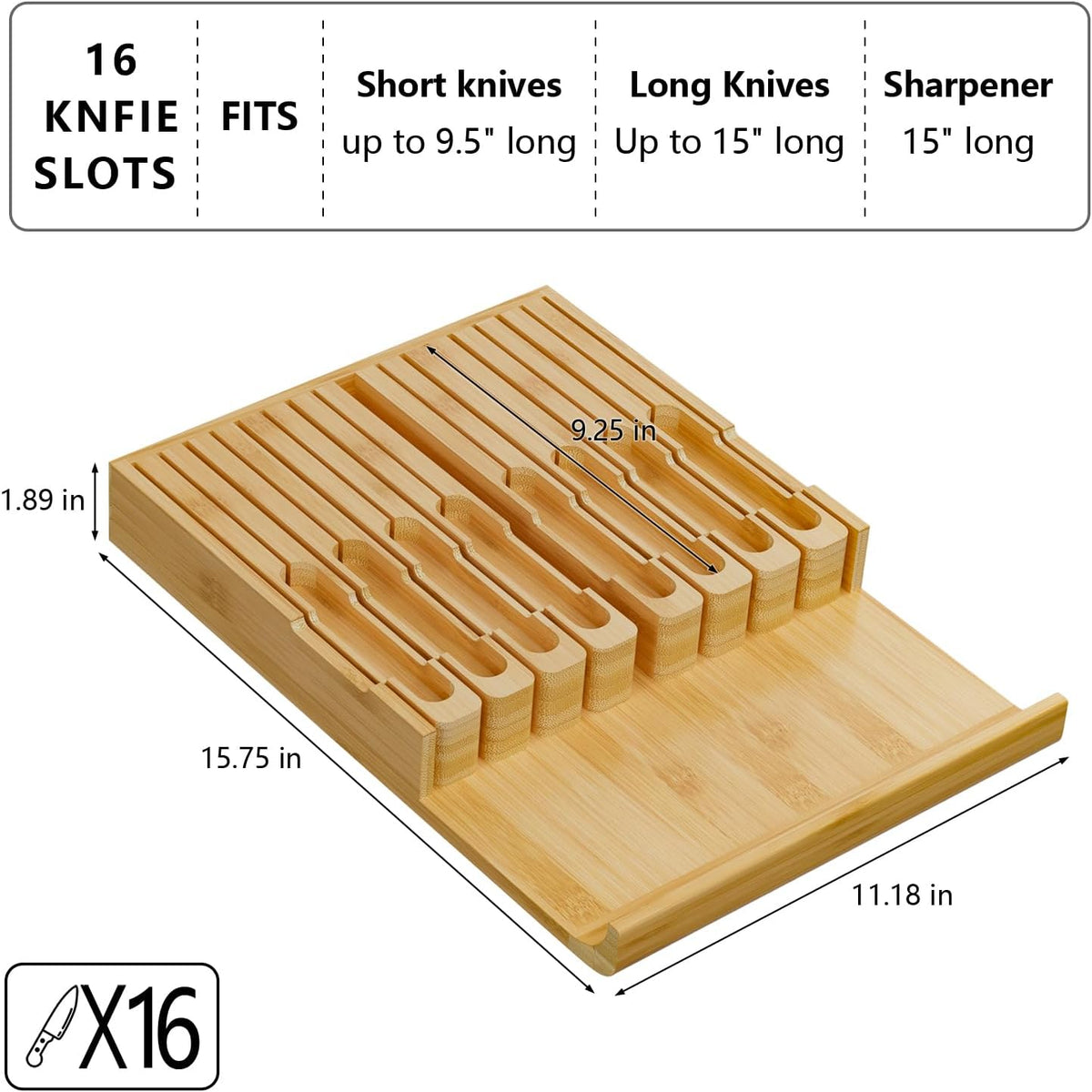 Bamboo In-drawer Knife Block - Kitchen Knife Drawer Organizer Insert, Knife Holder without Knives Large, Drawer Knife Organizer Fits for 16 knives and 1 Sharpening Steel (Not Included), Black
