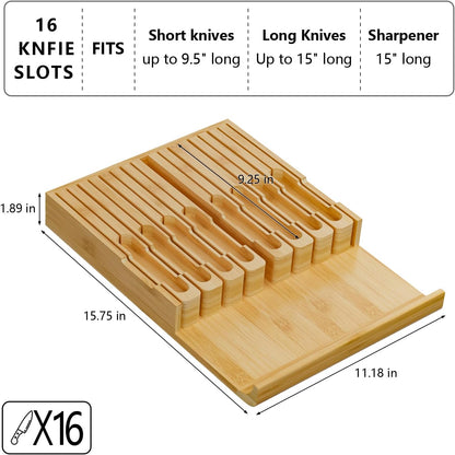 Bamboo In-drawer Knife Block - Kitchen Knife Drawer Organizer Insert, Knife Holder without Knives Large, Drawer Knife Organizer Fits for 16 knives and 1 Sharpening Steel (Not Included), Black