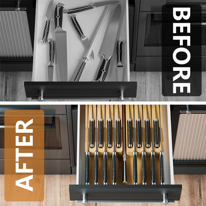 Bamboo In-drawer Knife Block - Kitchen Knife Drawer Organizer Insert, Knife Holder without Knives Large, Drawer Knife Organizer Fits for 16 knives and 1 Sharpening Steel (Not Included), Black