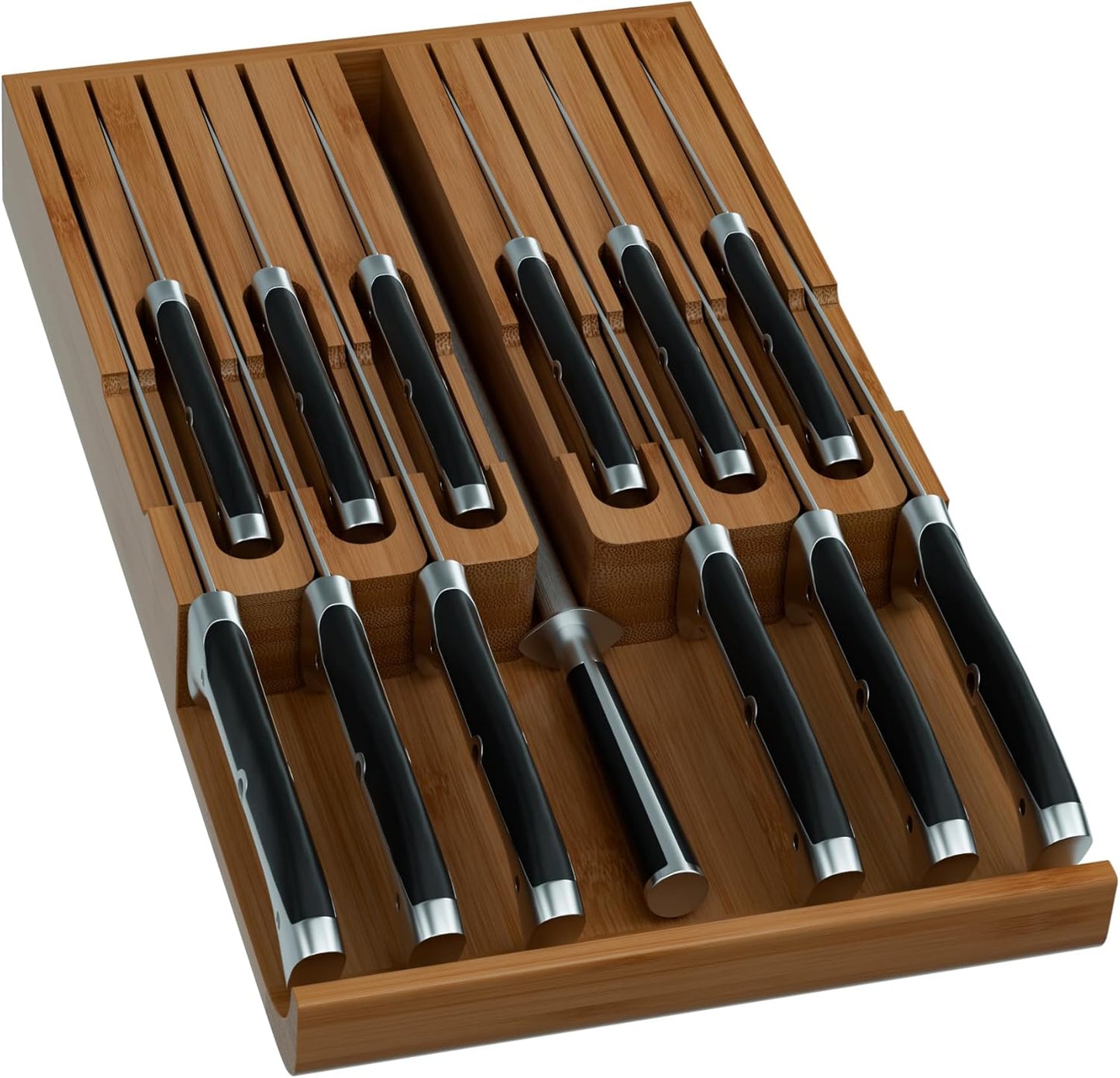 Bamboo In-drawer Knife Block - Kitchen Knife Drawer Organizer Insert, Knife Holder without Knives Large, Drawer Knife Organizer Fits for 16 knives and 1 Sharpening Steel (Not Included), Black