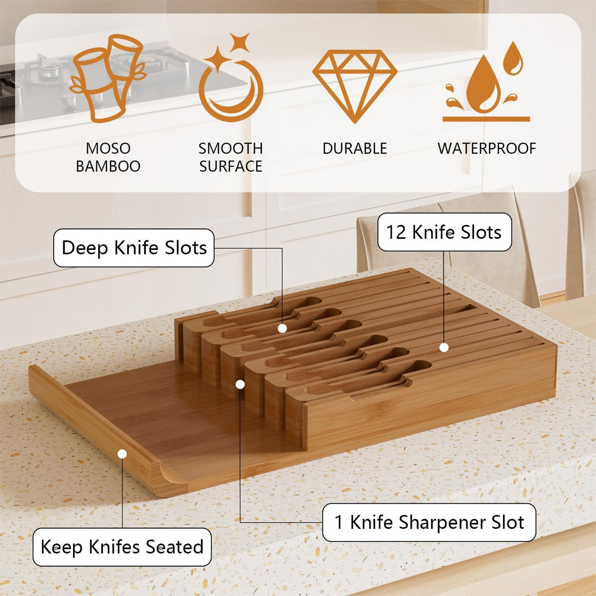 Bamboo In-drawer Knife Block - Kitchen Knife Drawer Organizer Insert, Knife Holder without Knives Large, Drawer Knife Organizer Fits for 16 knives and 1 Sharpening Steel (Not Included), Black