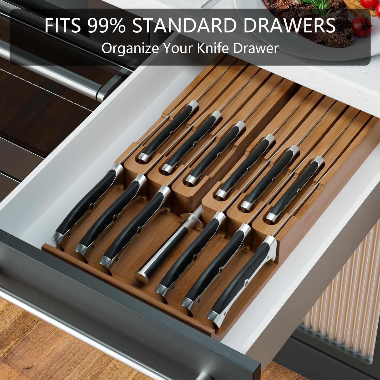 Bamboo In-drawer Knife Block - Kitchen Knife Drawer Organizer Insert, Knife Holder without Knives Large, Drawer Knife Organizer Fits for 16 knives and 1 Sharpening Steel (Not Included), Black