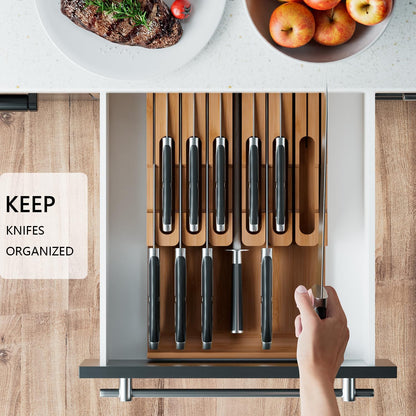 Bamboo In-drawer Knife Block - Kitchen Knife Drawer Organizer Insert, Knife Holder without Knives Large, Drawer Knife Organizer Fits for 16 knives and 1 Sharpening Steel (Not Included), Black