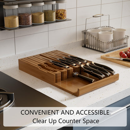 Bamboo In-drawer Knife Block - Kitchen Knife Drawer Organizer Insert, Knife Holder without Knives Large, Drawer Knife Organizer Fits for 16 knives and 1 Sharpening Steel (Not Included), Black