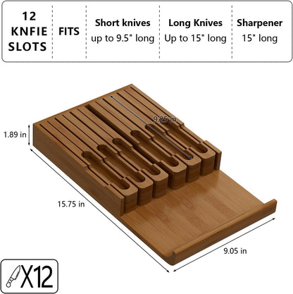 Bamboo In-drawer Knife Block - Kitchen Knife Drawer Organizer Insert, Knife Holder without Knives Large, Drawer Knife Organizer Fits for 16 knives and 1 Sharpening Steel (Not Included), Black
