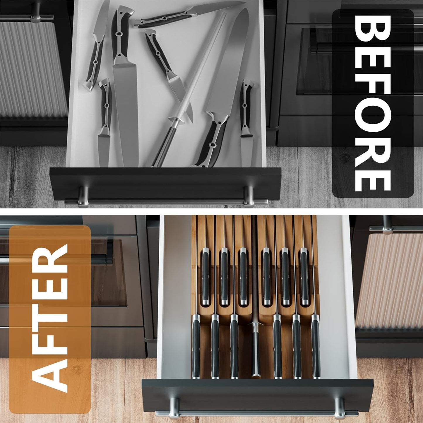 Bamboo In-drawer Knife Block - Kitchen Knife Drawer Organizer Insert, Knife Holder without Knives Large, Drawer Knife Organizer Fits for 16 knives and 1 Sharpening Steel (Not Included), Black