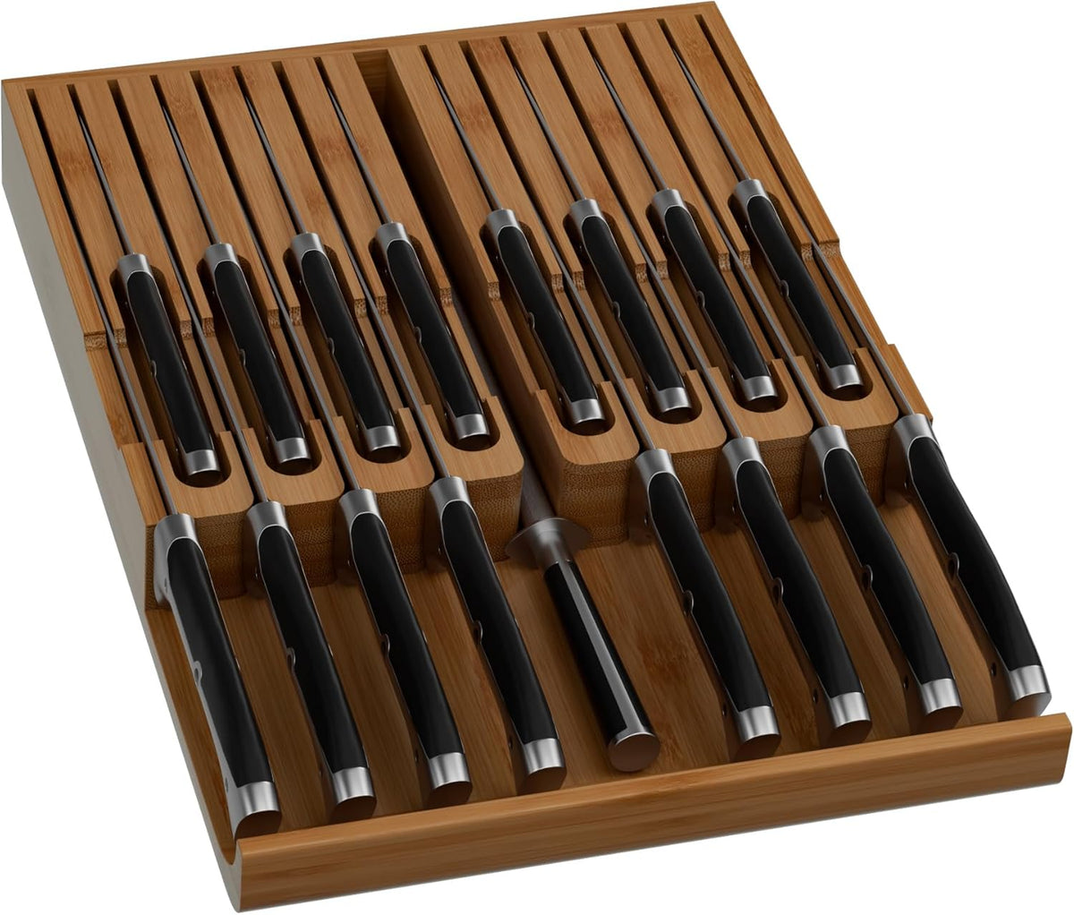 Bamboo In-drawer Knife Block - Kitchen Knife Drawer Organizer Insert, Knife Holder without Knives Large, Drawer Knife Organizer Fits for 16 knives and 1 Sharpening Steel (Not Included), Black