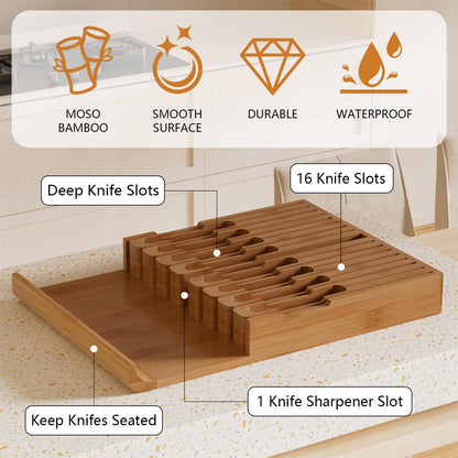 Bamboo In-drawer Knife Block - Kitchen Knife Drawer Organizer Insert, Knife Holder without Knives Large, Drawer Knife Organizer Fits for 16 knives and 1 Sharpening Steel (Not Included), Black