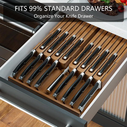 Bamboo In-drawer Knife Block - Kitchen Knife Drawer Organizer Insert, Knife Holder without Knives Large, Drawer Knife Organizer Fits for 16 knives and 1 Sharpening Steel (Not Included), Black