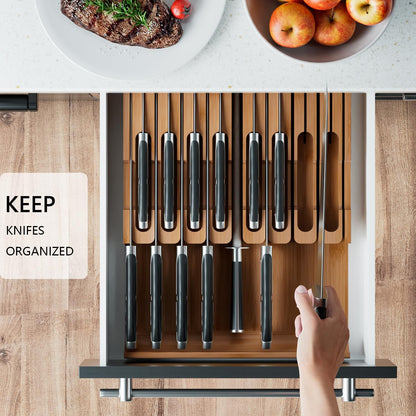 Bamboo In-drawer Knife Block - Kitchen Knife Drawer Organizer Insert, Knife Holder without Knives Large, Drawer Knife Organizer Fits for 16 knives and 1 Sharpening Steel (Not Included), Black
