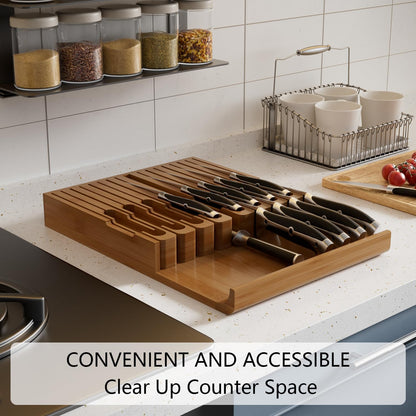 Bamboo In-drawer Knife Block - Kitchen Knife Drawer Organizer Insert, Knife Holder without Knives Large, Drawer Knife Organizer Fits for 16 knives and 1 Sharpening Steel (Not Included), Black
