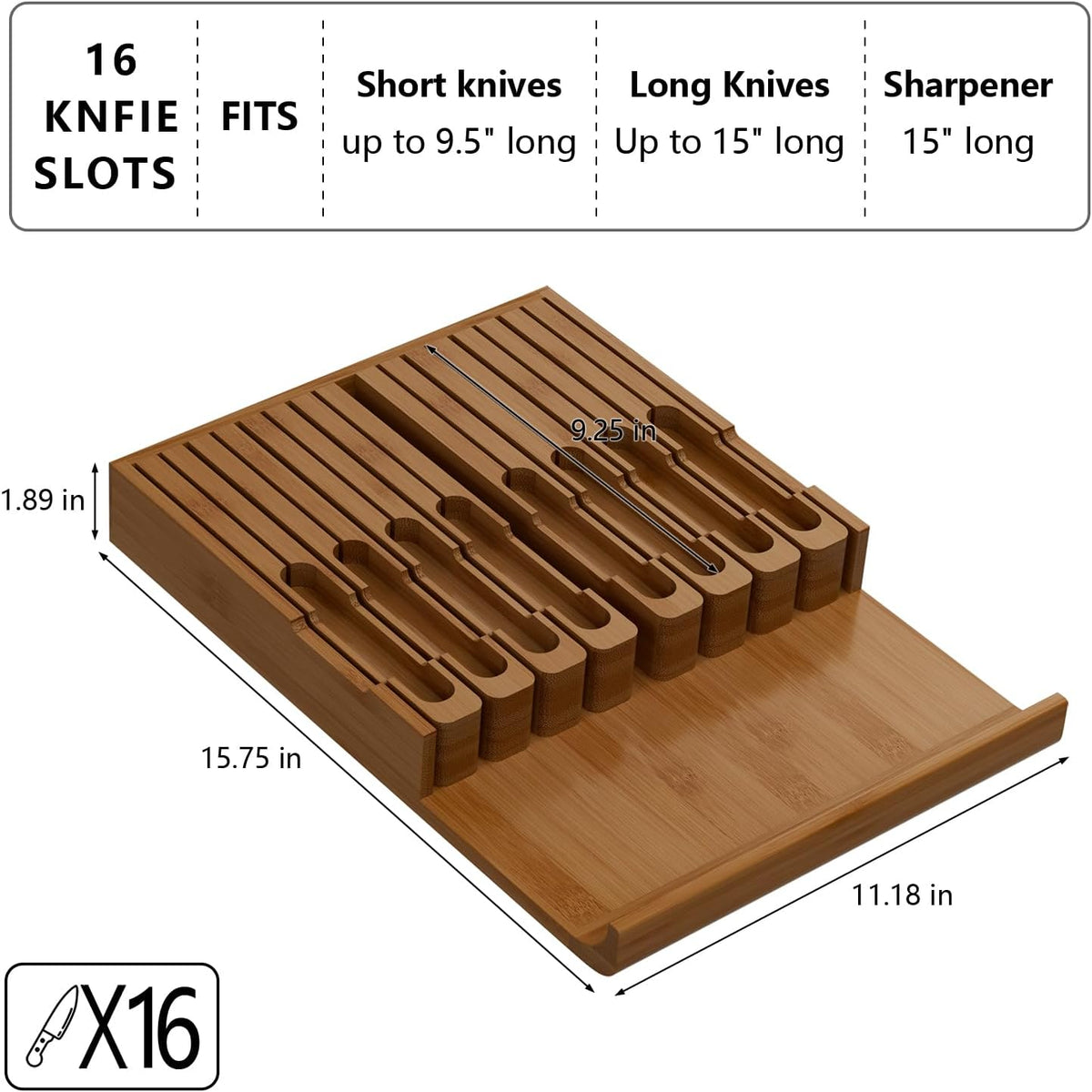 Bamboo In-drawer Knife Block - Kitchen Knife Drawer Organizer Insert, Knife Holder without Knives Large, Drawer Knife Organizer Fits for 16 knives and 1 Sharpening Steel (Not Included), Black