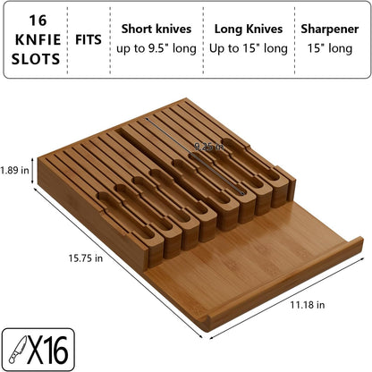 Bamboo In-drawer Knife Block - Kitchen Knife Drawer Organizer Insert, Knife Holder without Knives Large, Drawer Knife Organizer Fits for 16 knives and 1 Sharpening Steel (Not Included), Black