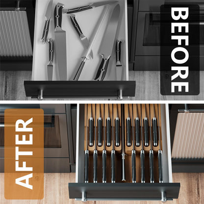Bamboo In-drawer Knife Block - Kitchen Knife Drawer Organizer Insert, Knife Holder without Knives Large, Drawer Knife Organizer Fits for 16 knives and 1 Sharpening Steel (Not Included), Black