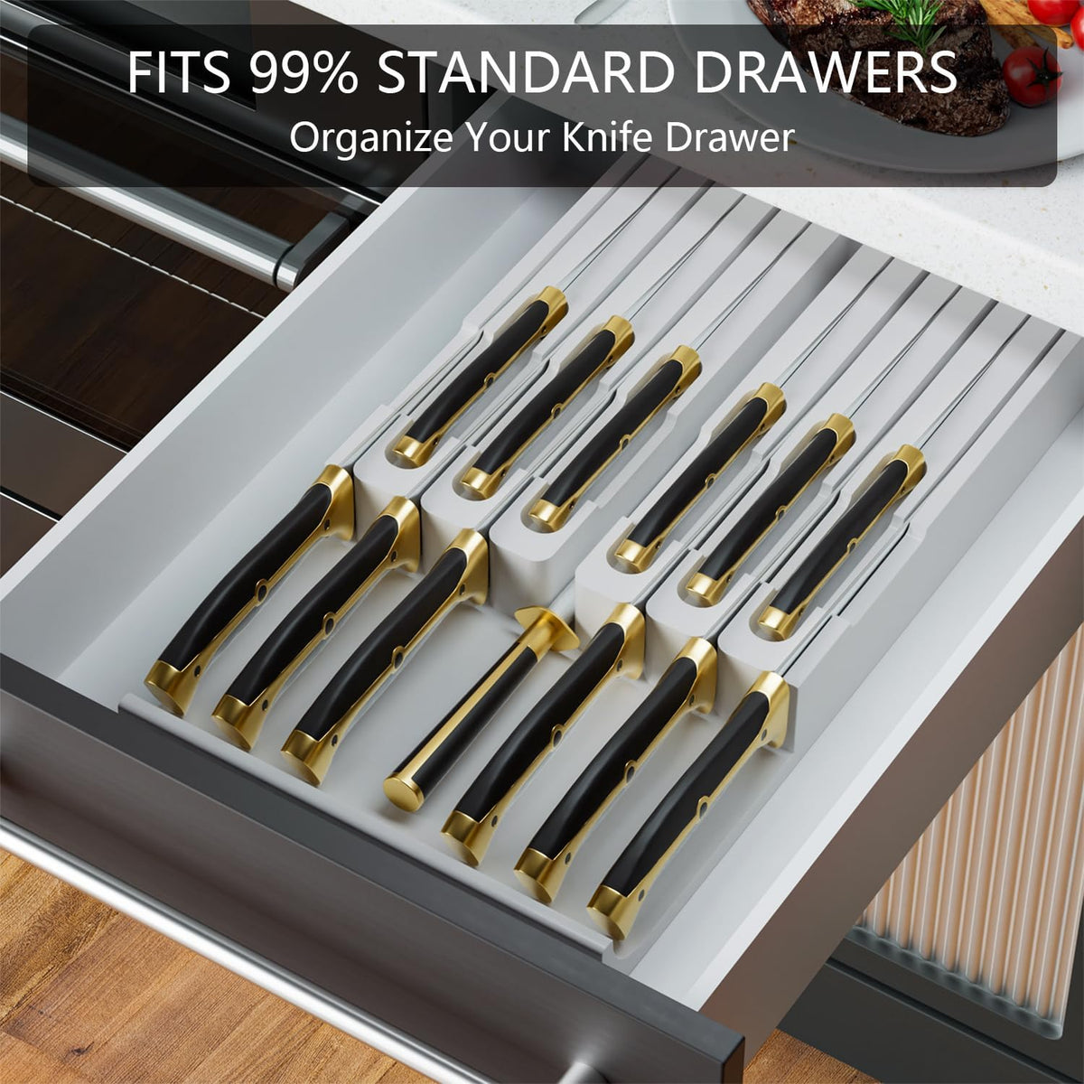 Bamboo In-drawer Knife Block - Kitchen Knife Drawer Organizer Insert, Knife Holder without Knives Large, Drawer Knife Organizer Fits for 16 knives and 1 Sharpening Steel (Not Included), Black