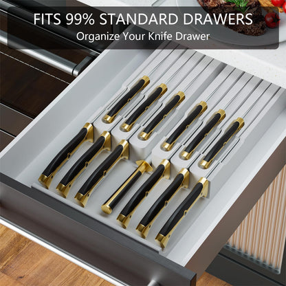 Bamboo In-drawer Knife Block - Kitchen Knife Drawer Organizer Insert, Knife Holder without Knives Large, Drawer Knife Organizer Fits for 16 knives and 1 Sharpening Steel (Not Included), Black
