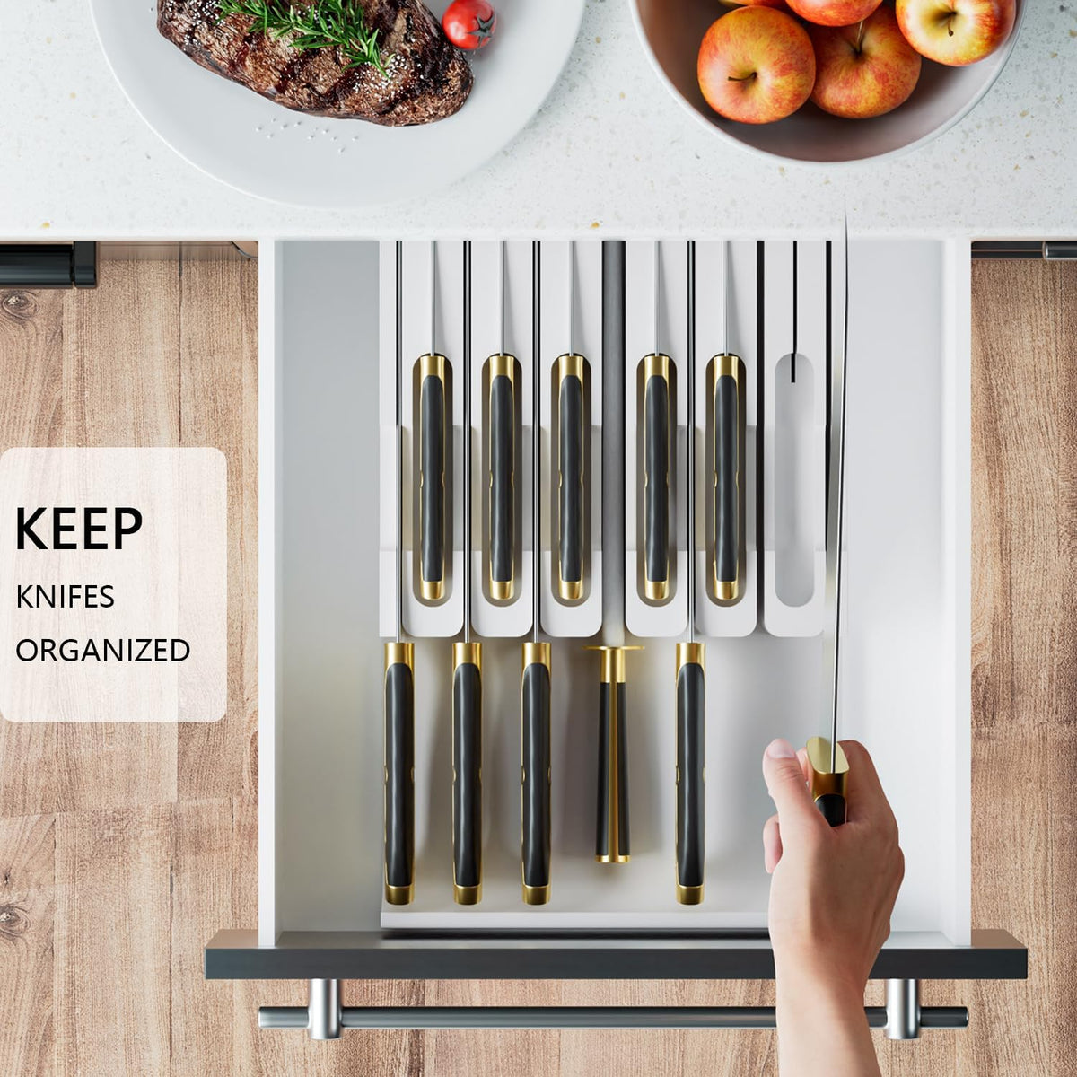 Bamboo In-drawer Knife Block - Kitchen Knife Drawer Organizer Insert, Knife Holder without Knives Large, Drawer Knife Organizer Fits for 16 knives and 1 Sharpening Steel (Not Included), Black
