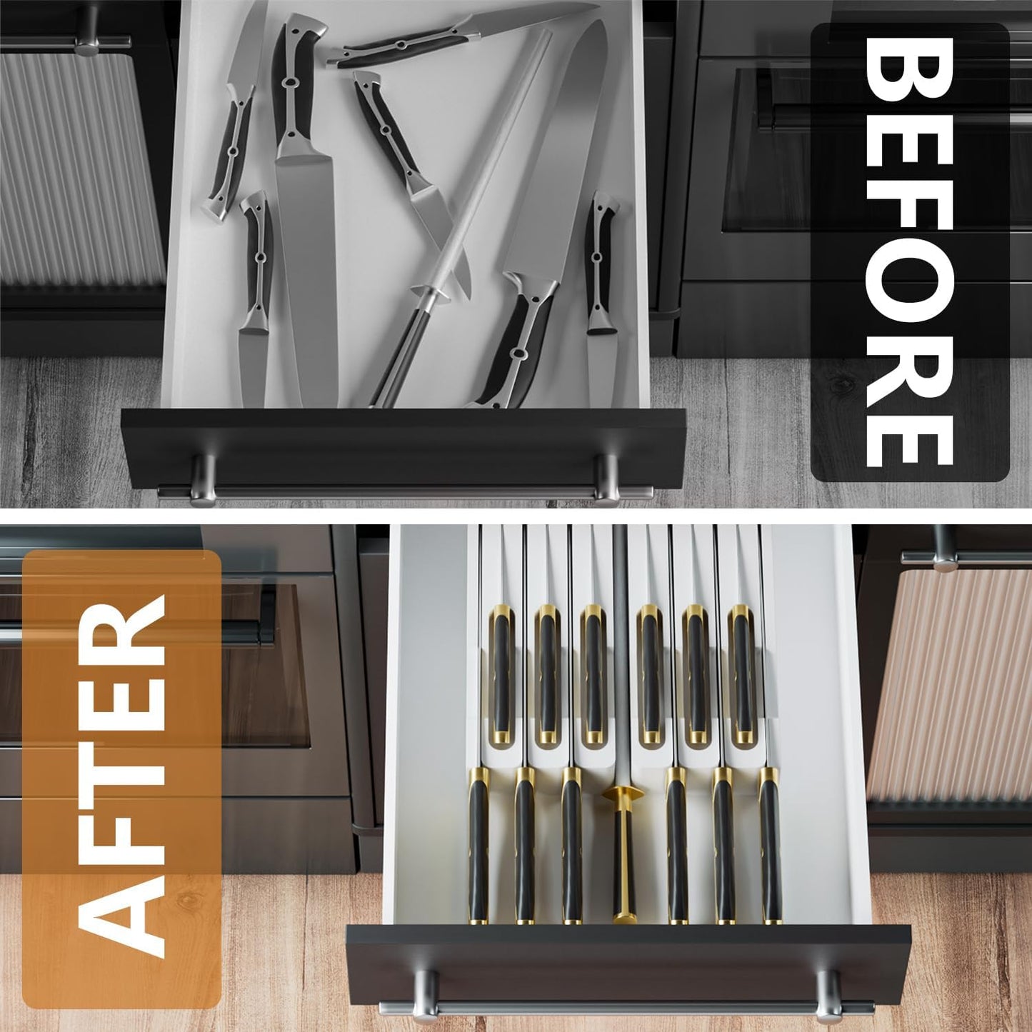 Bamboo In-drawer Knife Block - Kitchen Knife Drawer Organizer Insert, Knife Holder without Knives Large, Drawer Knife Organizer Fits for 16 knives and 1 Sharpening Steel (Not Included), Black