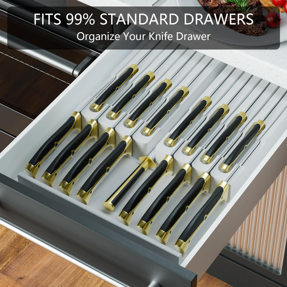 Bamboo In-drawer Knife Block - Kitchen Knife Drawer Organizer Insert, Knife Holder without Knives Large, Drawer Knife Organizer Fits for 16 knives and 1 Sharpening Steel (Not Included), Black