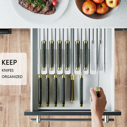 Bamboo In-drawer Knife Block - Kitchen Knife Drawer Organizer Insert, Knife Holder without Knives Large, Drawer Knife Organizer Fits for 16 knives and 1 Sharpening Steel (Not Included), Black