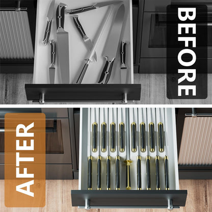 Bamboo In-drawer Knife Block - Kitchen Knife Drawer Organizer Insert, Knife Holder without Knives Large, Drawer Knife Organizer Fits for 16 knives and 1 Sharpening Steel (Not Included), Black