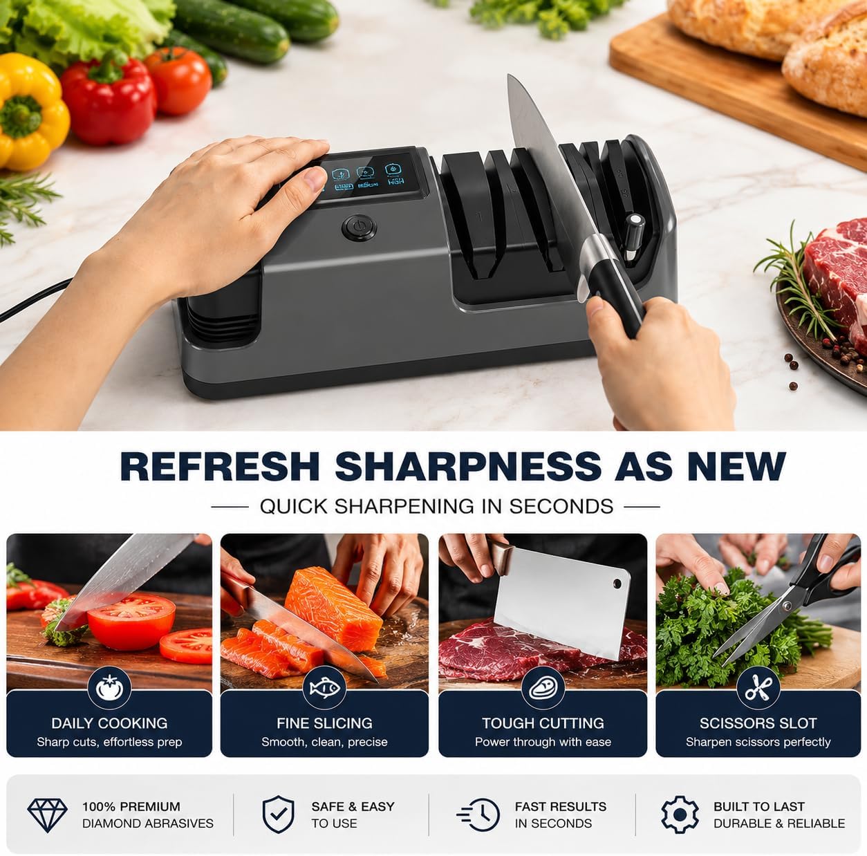Electric Knife Sharpener, 5 in 1 Multifunctional 3-Speed Variable Professional Knife Sharpener with LCD Screen for Straight, Serrated, Meat Cleaver, Ceramic Knives, Scissors & Axes, Gray