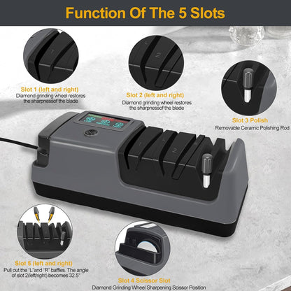 Electric Knife Sharpener, 5 in 1 Multifunctional 3-Speed Variable Professional Knife Sharpener with LCD Screen for Straight, Serrated, Meat Cleaver, Ceramic Knives, Scissors & Axes, Gray