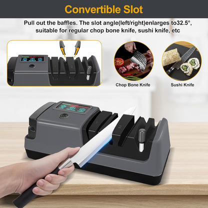 Electric Knife Sharpener, 5 in 1 Multifunctional 3-Speed Variable Professional Knife Sharpener with LCD Screen for Straight, Serrated, Meat Cleaver, Ceramic Knives, Scissors & Axes, Gray