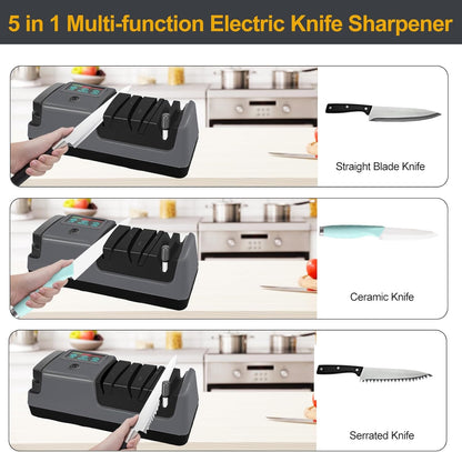 Electric Knife Sharpener, 5 in 1 Multifunctional 3-Speed Variable Professional Knife Sharpener with LCD Screen for Straight, Serrated, Meat Cleaver, Ceramic Knives, Scissors & Axes, Gray