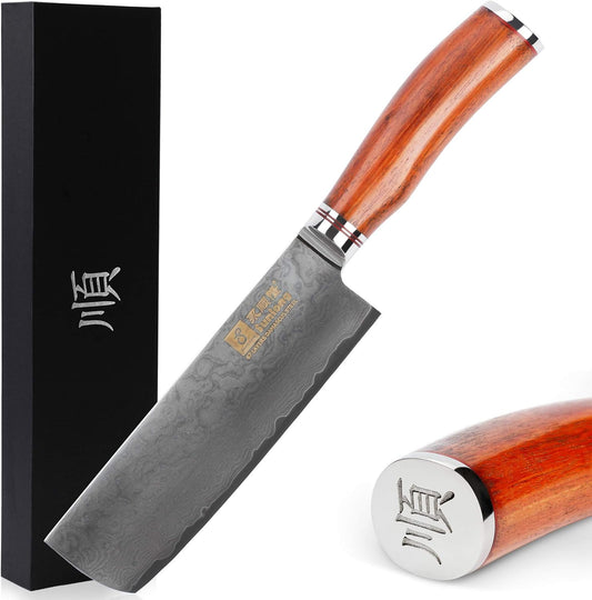 SUNLONG Nakiri Knife Usuba Knife 6.5 Inch Japanese Hammered Damascus Steel 67 Layer Bloodwood Handle