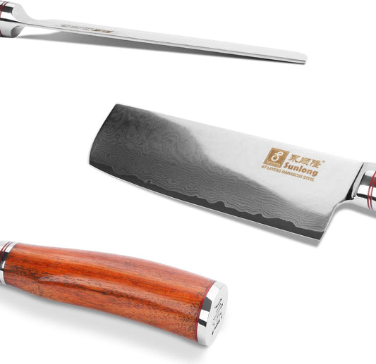 SUNLONG Nakiri Knife Usuba Knife 6.5 Inch Japanese Hammered Damascus Steel 67 Layer Bloodwood Handle