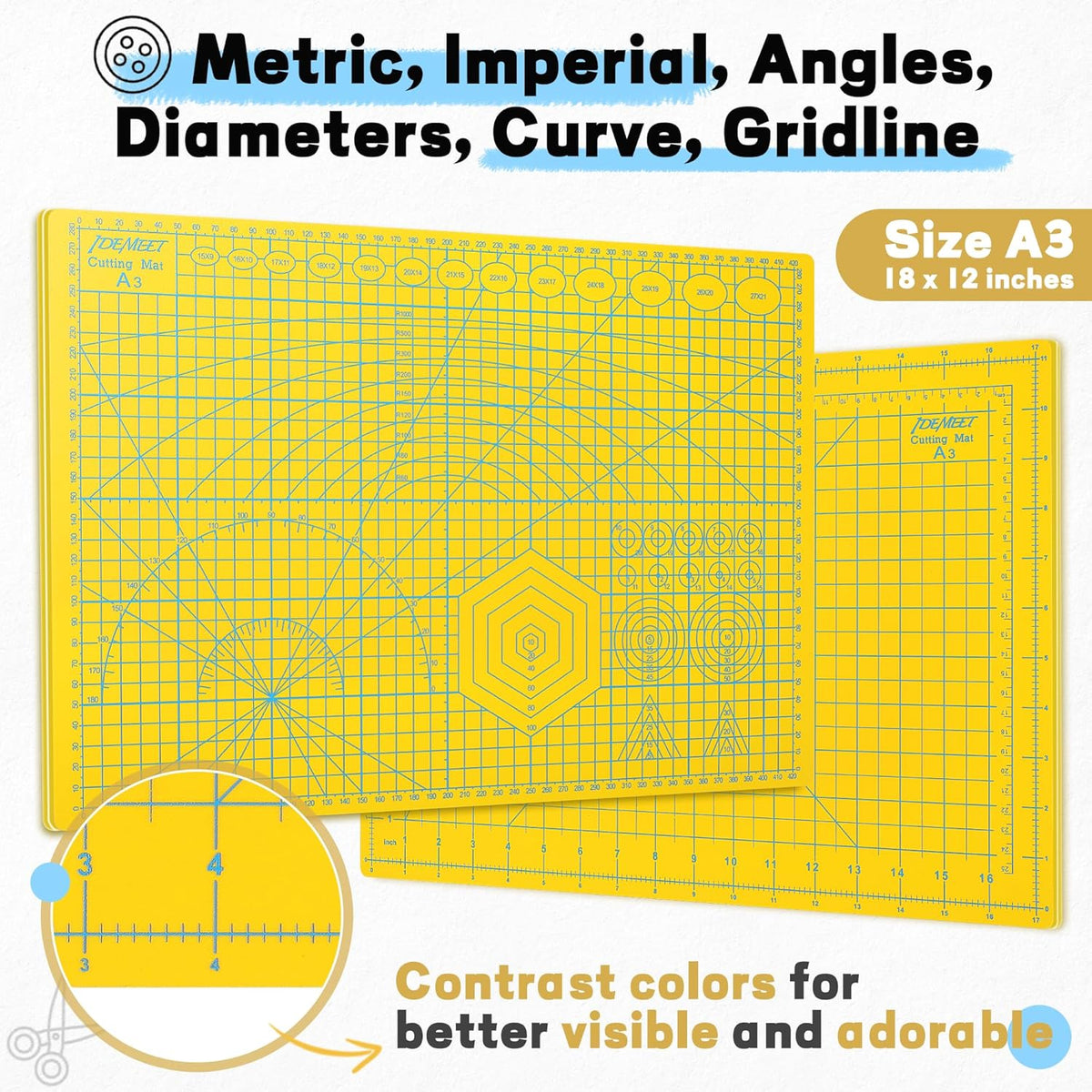 Premium Self Healing Cutting Mat 18" x 12", A3 Sewing Mat, Lemon Yellow | Non-slip, 5-Ply Double-Sided, Rotary Cutting Mat for Sewing, Quilting Crafts Cutting Fabric Scrapbooking Modeling Projects