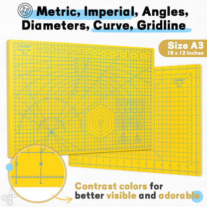 Premium Self Healing Cutting Mat 18" x 12", A3 Sewing Mat, Lemon Yellow | Non-slip, 5-Ply Double-Sided, Rotary Cutting Mat for Sewing, Quilting Crafts Cutting Fabric Scrapbooking Modeling Projects