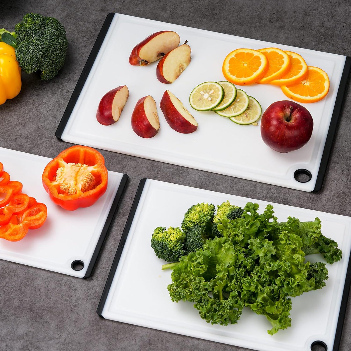 Plastic Cutting Boards for Kitchen, 3-Piece Large Cutting Board Set Dishwasher Safe Chopping Boards with Non-slip Feet and Juice Grooves, White