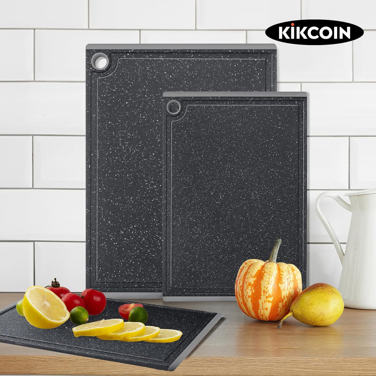 Plastic Cutting Boards for Kitchen, 3-Piece Large Cutting Board Set Dishwasher Safe Chopping Boards with Non-slip Feet and Juice Grooves, White
