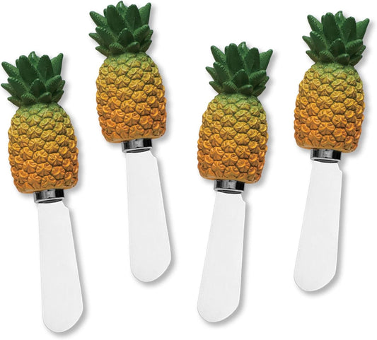 Pineapple Cheese Spreaders, Hand-Painted Resin Handles with Stainless Steel Blades for Spreading Cream Cheese, Butter, Jam, or Sandwich, Set of 4